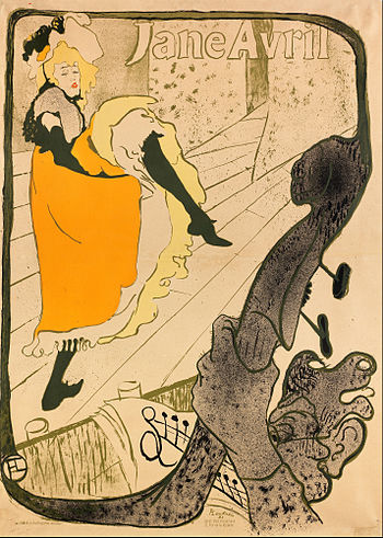 "Jane Avril", Henri de Toulouse-Lautrec. Example of can-can dancing