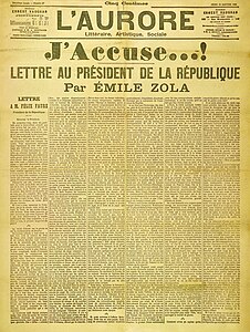 Front page cover of the newspaper L’Aurore of Thursday 13 January 1898, with the letter J’accuse...!, written by Émile Zola
