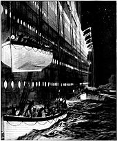 Painting of lifeboats being lowered down the side of Titanic, with one lifeboat about to be lowered on top of another one in the water. A third lifeboat is visible in the background.