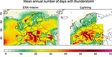 Mean annual number of days with thunderstorms in Europe, reconstructed using model data from ERA-interim (left) and lightning data, mainly from ZEUS (right). Istanbul is colored green to yellow on both maps, indicating a value between 10 and 15.