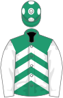 Emerald green and white chevrons, white sleeves, emerald green cap, white spots