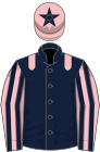 Dark blue, pink epaulettes, striped sleeves, pink cap, dark blue star