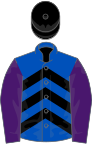 Royal blue and black chevrons, purple sleeves, black cap