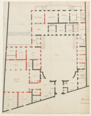 Troisième projet de rez-de-chaussée ; le bâtiment est profondément remanié, divisé entre une façade est sur jardin comportant les pièces d'apparat et une aile ouest, profondément renfoncée, incluant les pièces intimes. Les écuries donnent ici directement sur rue