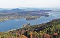 View from the new tower toward the northeast. The lake Wörthersee and Maria Wörth peninsula are clearly visible. Klagenfurt is at right.