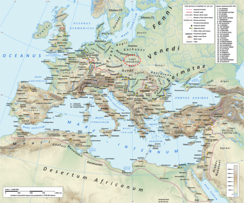 The Roman empire under Hadrian (ruled 117-138 AD), showing the location of the Lugii (Vandilii) tribes between the Viadua (Oder) and Vistula rivers (marked with a red circle)