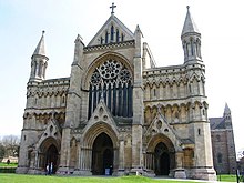 Colour photograph of St Albans Abbey, now a cathedral