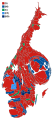 2002 Cartogram with each municipality rescaled to the number of valid votes cast. The municipalities are the color of the party that got the most votes within the coalition that won relative majority.