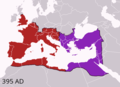 Division of the Roman Empire after 395 into western and eastern part. The geopolitical divisions in Europe that created a concept of East and West originated in the Roman Empire.