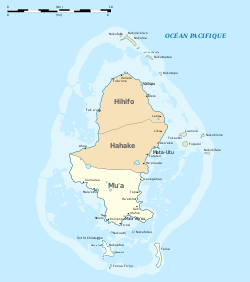 Map of Wallis Island showing the 3 districts: Mua is located in the South