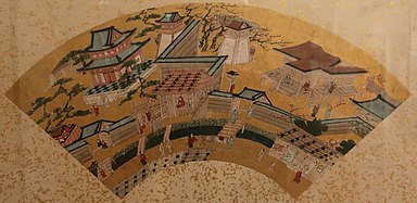 View of Kyoto, fan painting by Kanō Motohide, late 16th century, one of a set of 10