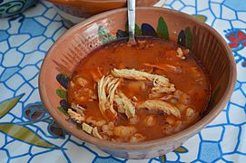 Red pozole, served in Mexico City