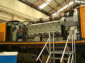 A grayish EMD 710 engine on the upper center and a generator on the right. Engine and generator are mounted to a diesel locomotive. A silver ladder below contacting the locomotive. On the lower left, a rectangular instrument box with its upper surface in white and sides in blue.