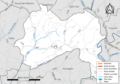 Carte en couleur présentant le réseau hydrographique de la commune