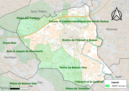 Carte des ZNIEFF de type 1 sur la commune.