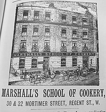 advertisement with an image of Marshall's cookery school and its address