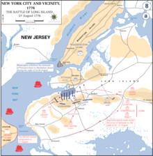 Map diagramming the British landing in New York and Washington's retreat