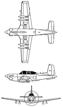 3-view line drawing of the Beechcraft T-34C Mentor