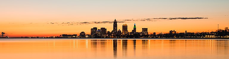 Cleveland skyline at sunrise from Lake Erie