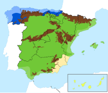 Découpage climatique espagnol : océanique en bleu clair, océanique à tendance continentale en bleu foncé, méditerranéen à tendance continentale en vert, méditerranéen semi-aride en jaune, montagnard en marron.