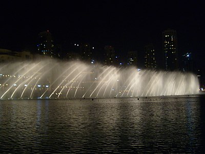 Dubai Fountain in the United Arab Emirates (2009) can shoot water 150 meters in the air, or present computer-choreographed water dancing to music
