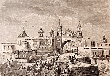 Puente de Piedra Bridge, the former Arco del Puente Gate and the Walls of Lima in 1878 by El Viajero Ilustrado. Old Fund of the University of Seville.[28]