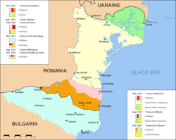 Cambios fronterizos en la Dobruja desde 1878.