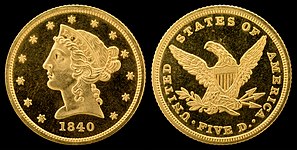 1840 Liberty Head Half eagle (no motto) (1839–1866) Christian Gobrecht