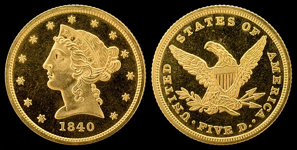 Liberty Head half eagle, without motto, by Christian Gobrecht and the United States Mint