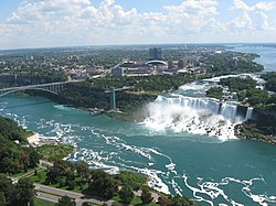 The city of Niagara Falls viewed from the Skylon Tower. In the foreground are the American Falls (left) and Bridal Veil Falls (right).