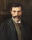 Chiaroscuro painting of David Samuel Margoliouth with moustache in academic gown and background of leather-bound books