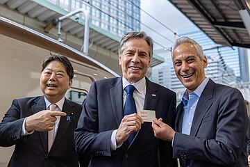 Rahm Emanuel, Antony Blincken and Yoshimasa Hayashi at Tokyo Station in 2023.