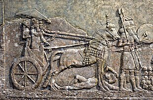Sargon in a chariot on a rock relief