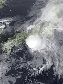 A photograph of a tropical storm located just off the coast of southern Japan. The storm's structure mainly consists of a single, irregularly-shaped area of thick convection; areas of high clouds are visible near the storm, particularly to the east and northeast.