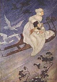 On a snowy night, a woman in a white coat captures a child in a flying sleigh. White birds follow close behind.