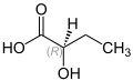 Molecular diagram of 2-hydroxybutyric acid, with the central alcohol carbon labeled "(R)"