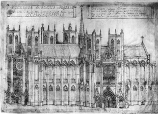 L'Abbatiale gothique avec ses six tours, abattue par les Huguenots au XVIe siècle.