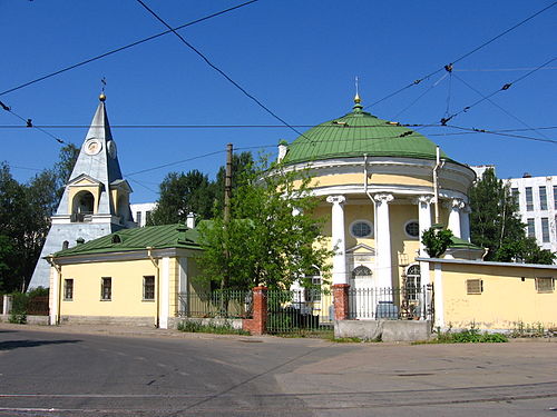 An 18th-century Troitskaya church in St. Petersburg, known as "Kulich and Paskha", because the rotunda of the church resembles kulich, while the adjacent belfry has a pyramidal form reminiscent of paskha.[8]