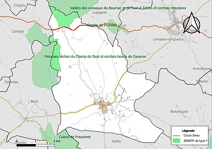 Carte des ZNIEFF de type 1 sur la commune.