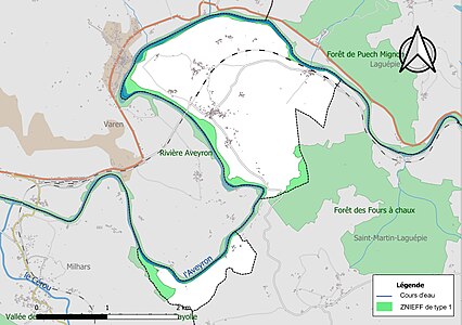 Carte des ZNIEFF de type 1 sur la commune.