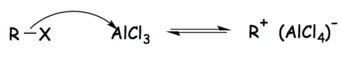 alkyl halide reacts with strong Lewis acid (AlCl3) to form activated electrophile