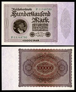 One-hundred-thousand Mark at German Papiermark, by the Reichsbankdirektorium Berlin