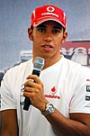 Lewis Hamilton talking at a press conference at the 2008 Singapore Grand Prix