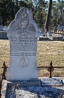 Headstone and burial place of Harry Boyle at White Hills Cemetery. The headstone was erected over the grave by his friends.