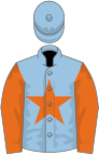 Blue, orange star, orange sleeves, light blue cap