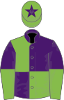 Purple and Light Green (quartered), halved sleeves, Light Green cap, Purple star