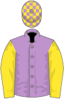 Mauve, yellow sleeves, mauve and yellow check cap