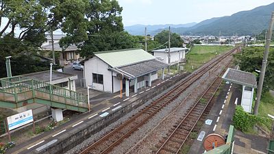 A view of the station platforms and tracks, looking in the direction of Tokushima.