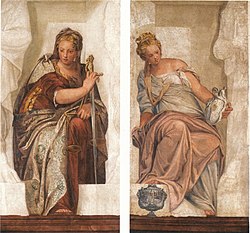 Giustizia (sinistra) e Temperanza (destra), affresco attribuito a Caliari e Giambattista Zelotti facente parte del ciclo di villa Soranzo, oggi conservati nella sagrestia del Duomo di Castelfranco Veneto[24]