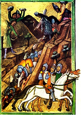 Chronicon Pictum, Hungarian, Hungary, battle, fight, Battle of Posada, King Charles I of Hungary, Basarab, Cumans, Vlachs, sheep fur cloths, arrows, stone throwing, knights, rocks, medieval, chronicle, book, illumination, illustration, history